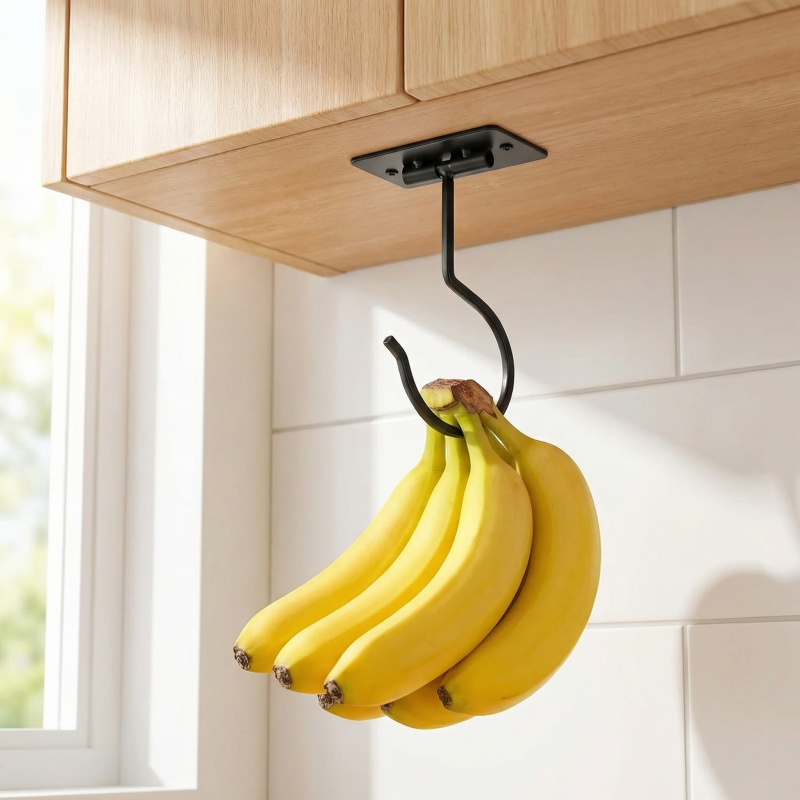 Food Storage Drawer Organizer - Black Metal Self-Adhesive Banana Hook Foldable