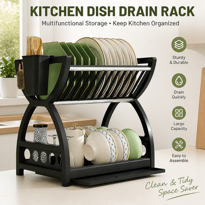 Food Storage Organiser - 2 Tier Dish Drying Rack Kitchen