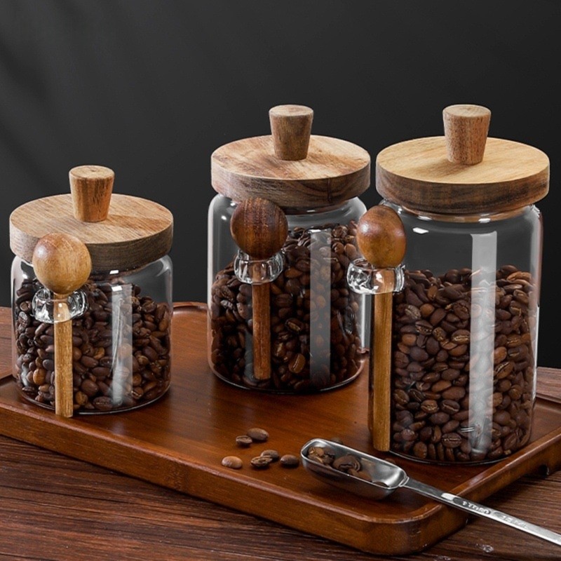 ABJI-Glass Jar With Wooden Lid - Food Storage Set Glass ulasan dan harga