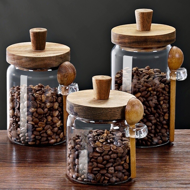 ABJI-Glass Jar With Wooden Lid - Food Storage Set Glass ulasan dan harga