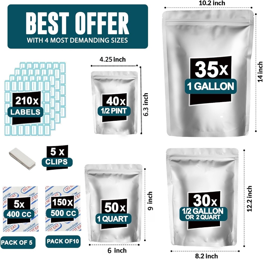155 Mylar Bags with 155 Oxygen - Food Storage Long Term ulasan dan harga